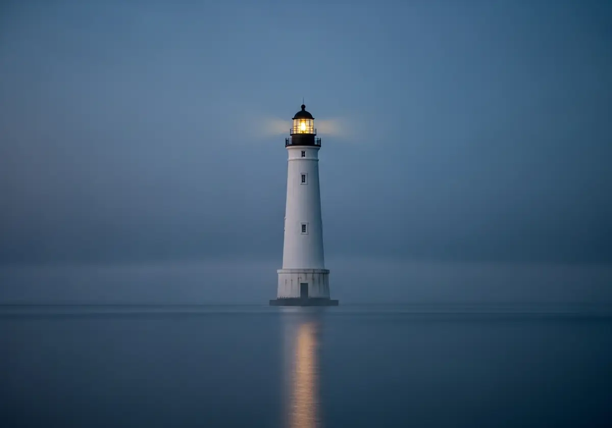 A solitary lighthouse standing in calm water at twilight, its lamp glowing warmly against a deep blue sky